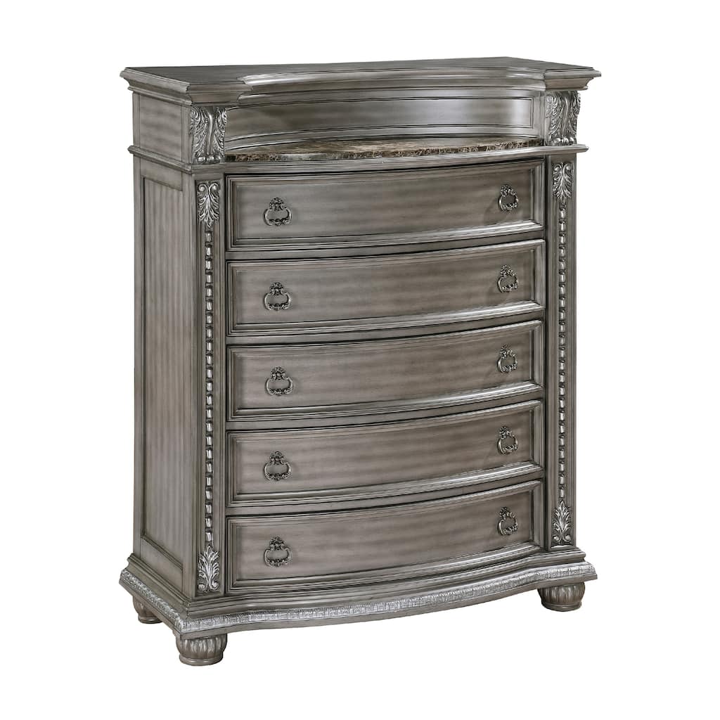 Toga Tall Dresser Chest, 5 Drawers, Gray Acacia Wood, Carved Details