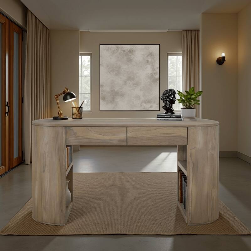 Eray Writing Desk, 2 Drawers, USB Port, Brown Teak, Mango Wood, 60 In