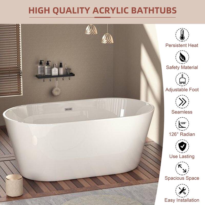 CB HOME 54"/59"/67" Acrylic Freestanding Bathtub, Deep Soaking Spa Bathtubs with Solid Surface