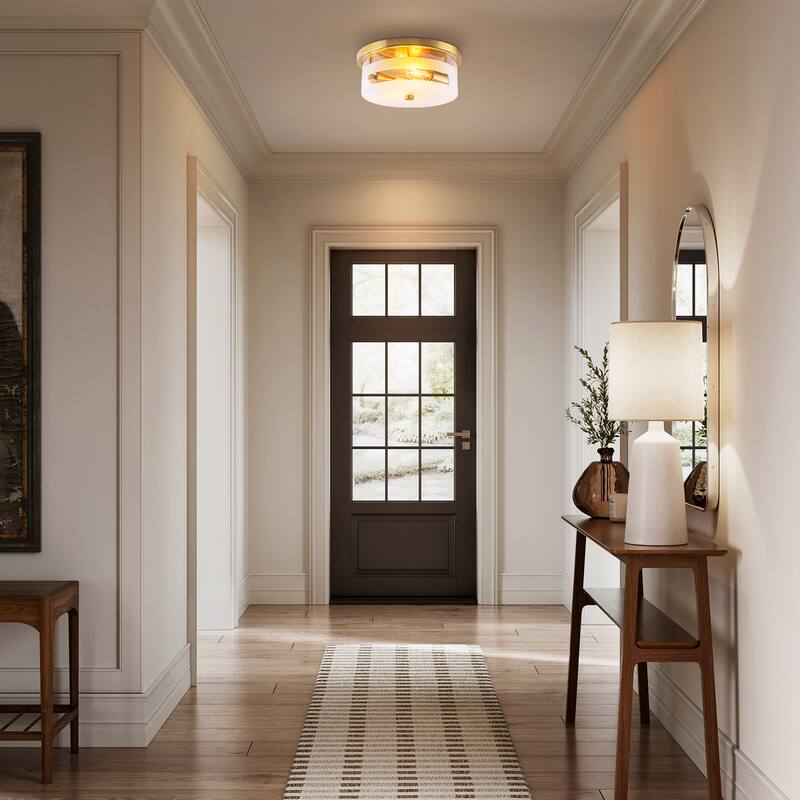 2-Light Modern Industrial Glass & Bronze Metal Ring Ceiling Light for Living Room - 2 Light