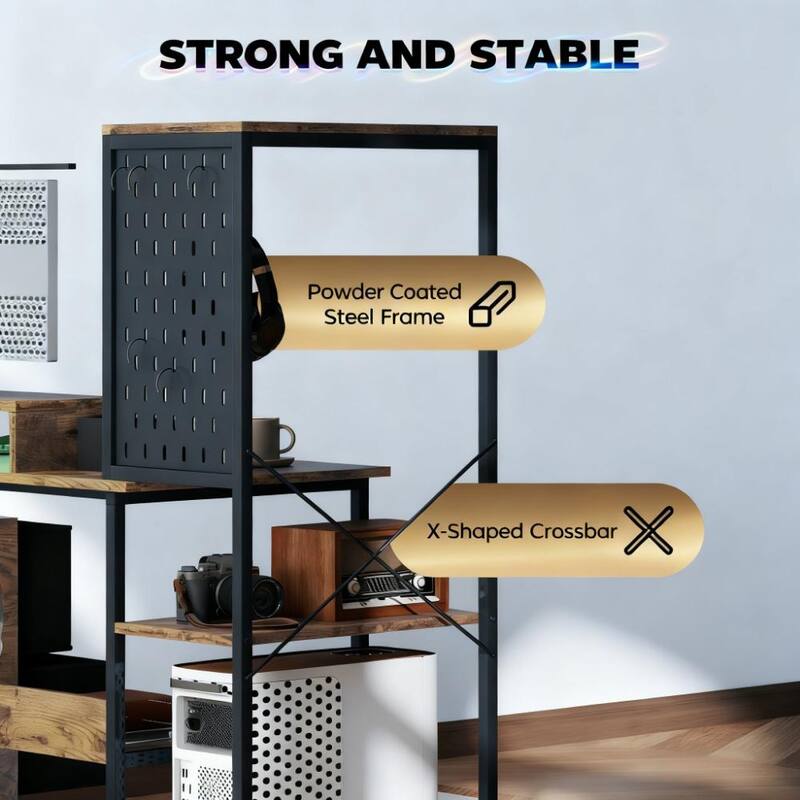 Computer Desk with Power Outlets and LED Lights, Home Office Desk with Monitor Shelf Storage and Pegboard