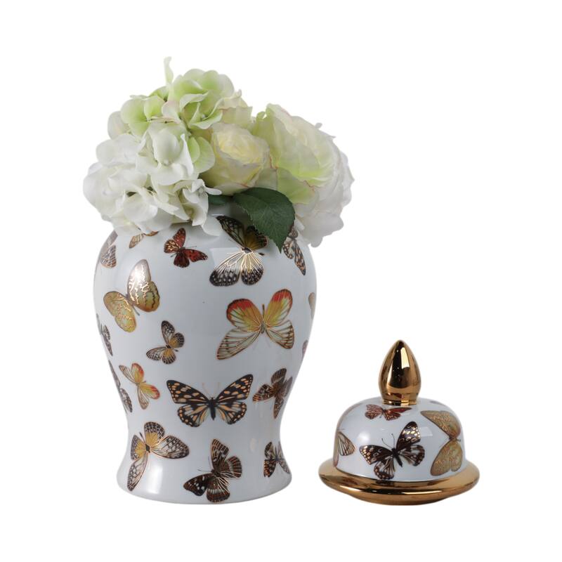 Ceramic Decorative Temple Jar with Lid and Metallic Butterfly Motif