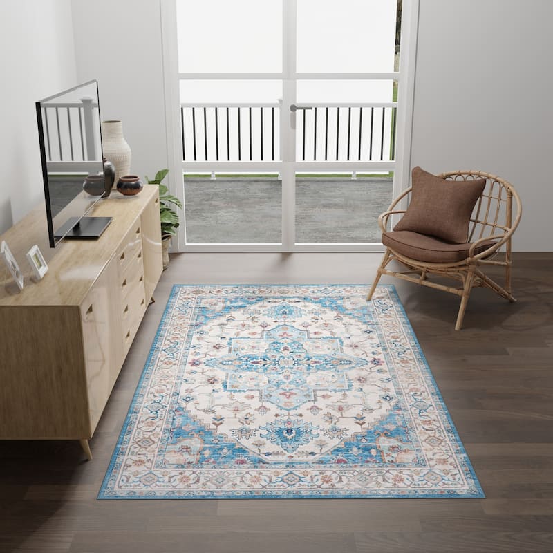 Licensed HGTV Everyday Chic Soft Flannel Zero Pile Printed Non-Slip Washable Indoor Area Rug - Zahra Blue - 5'x7'
