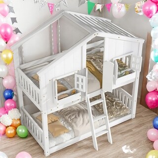 Twin over Twin Bunk Bed With Roof With Safety Guardrails And Ladder for home