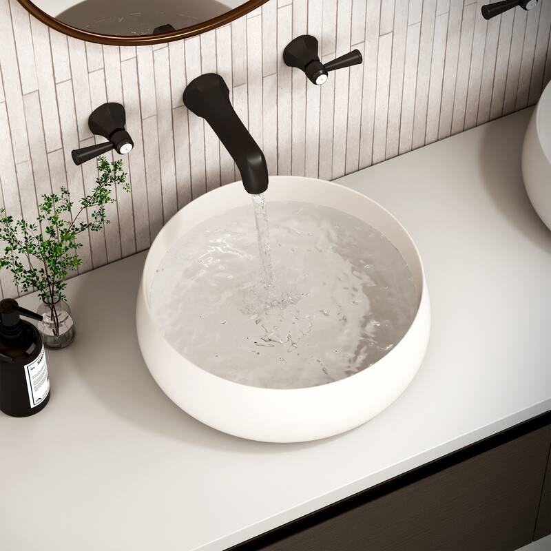 Solid Surface Vessel Bathroom Sink with Pop-Up Drain and Drain Hose, Modern Above Counter Wash Basin with Center Drain - Matte White (Solid Surface) - 17.72 x 17.72 x 5.51