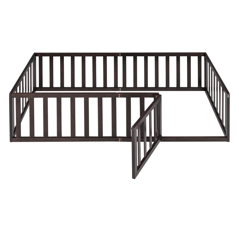 Versatile Wooden Floor Bed Frame without Slats, Solid Pinewood Kids Bed Frame with Fence and Door