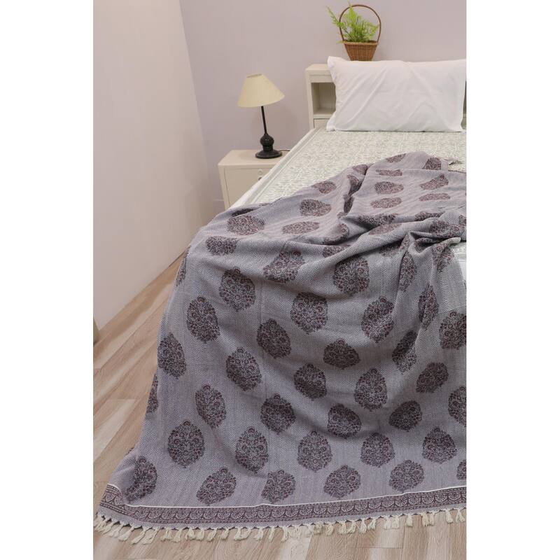 Fabdivine Guldasta Handcrafted Cotton Blanket - Floral Print Throw for Living Room, Bed, or Sofa with Hand-Tied Fringe, 90"x54" - 90" x 54" - Grey