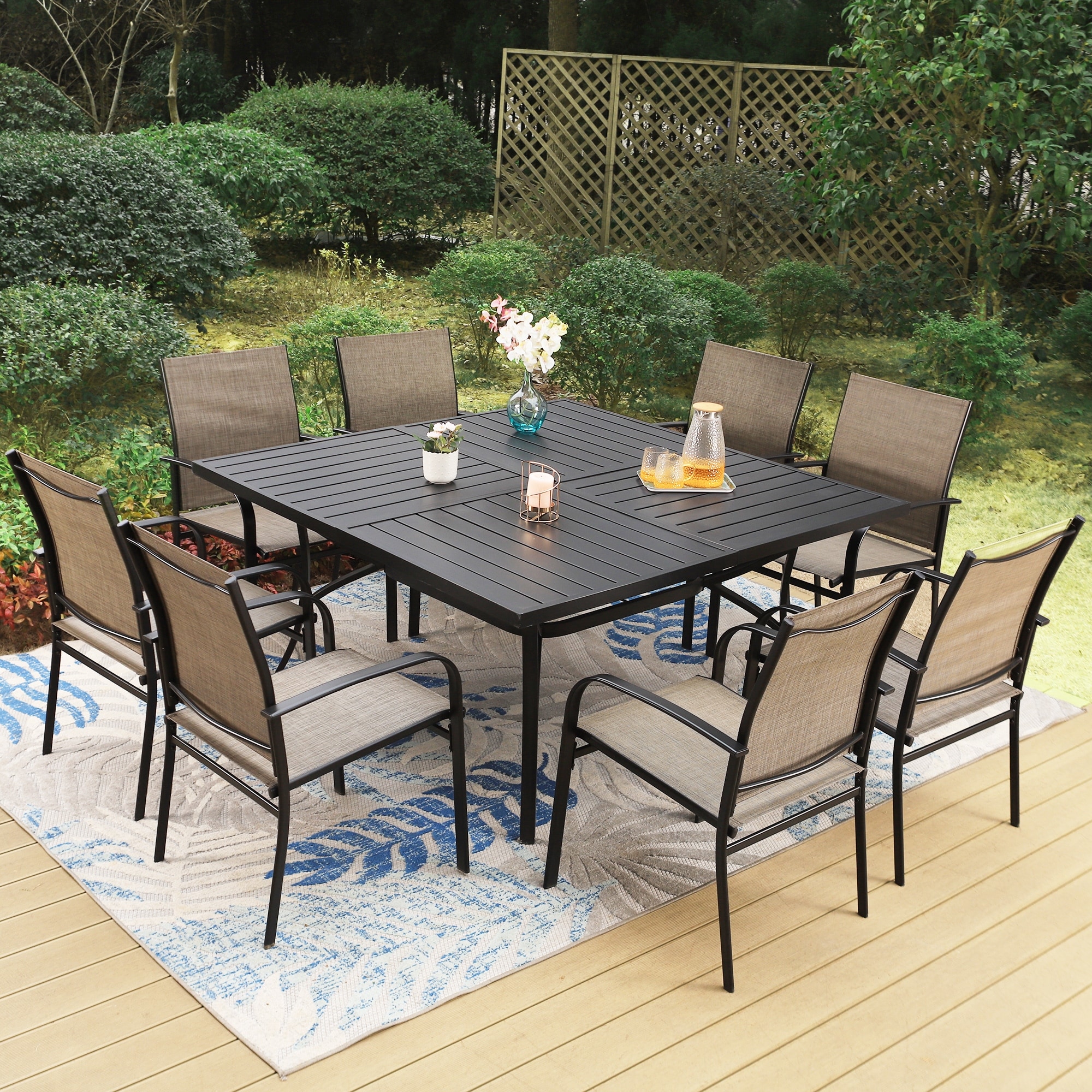 9 Piece Patio Dining Set 60 Inch Square Metal Table and 8