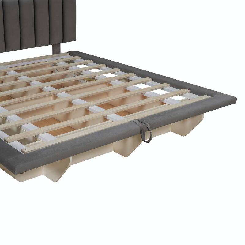 Queen Size Upholstered Floating Bed with LED Light and USB Port
