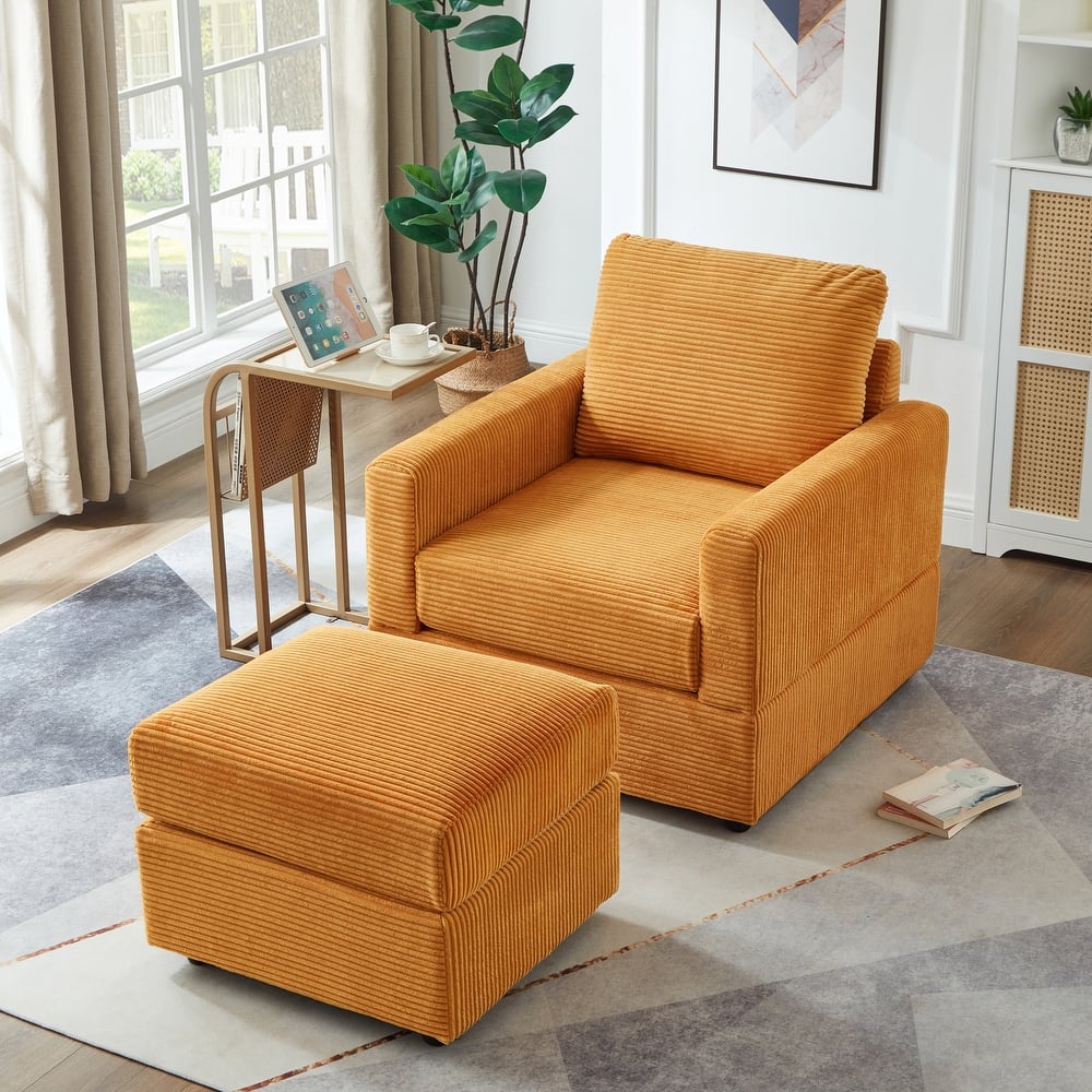Classic Corduroy Chaise Lounge Chair with Ottoman,Upholstered Sofa Couch Chair for Living Room,Accent Lounge Chair with Armrests