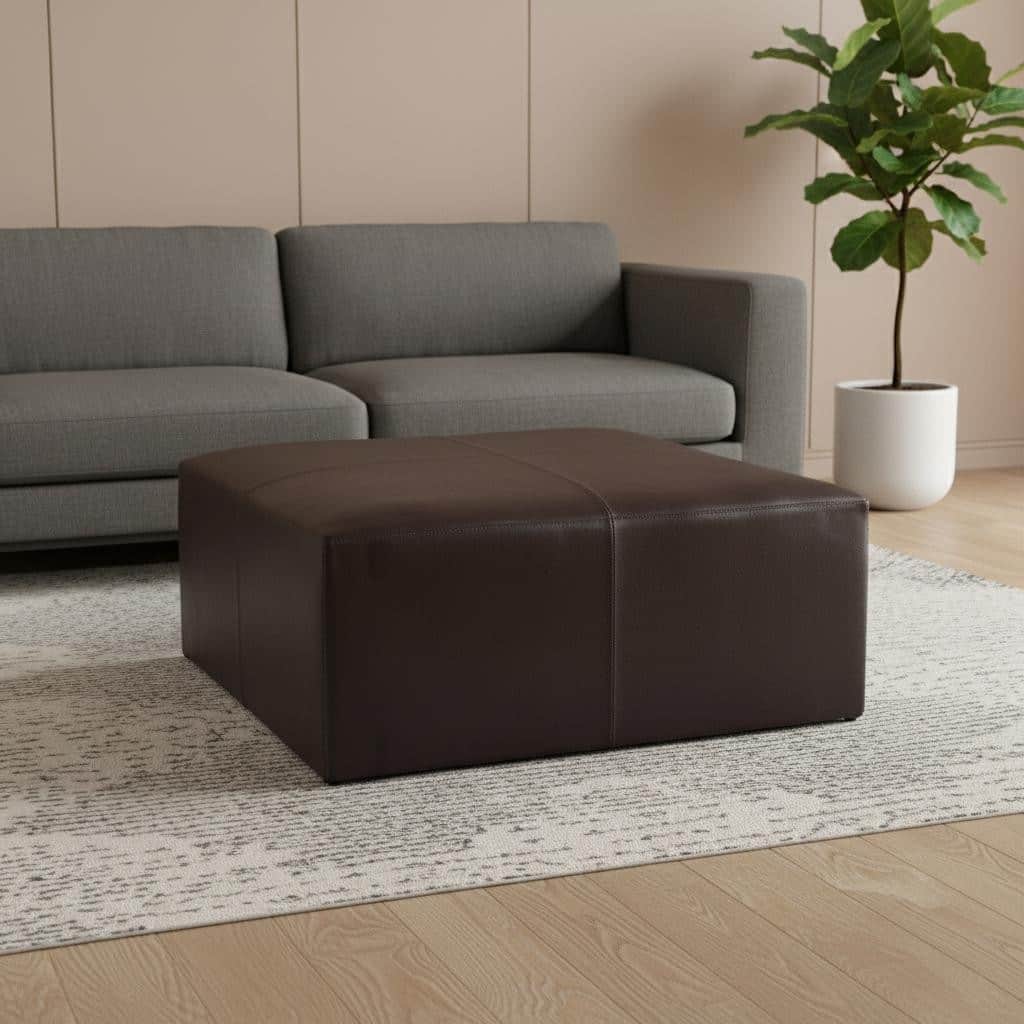 HomeRoots 36" Brown Plywood and Genuine Leather Cocktail Ottoman