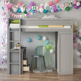 Modern Twin Size Wood Loft Bed With Wardrobes And 2-Drawer Desk With Cabinet,Large Storage Space