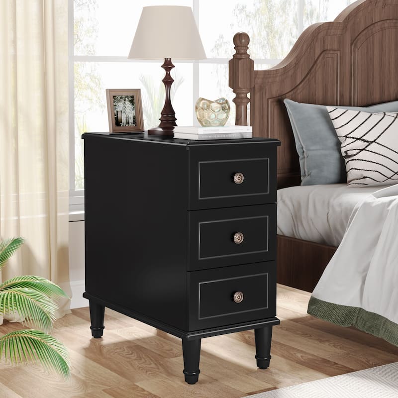 Fully Assembled Narrow End Table, Solid Wood Side Table with 3 Drawers, Vintage Nightstand Slim Bedside Table for Small Spaces