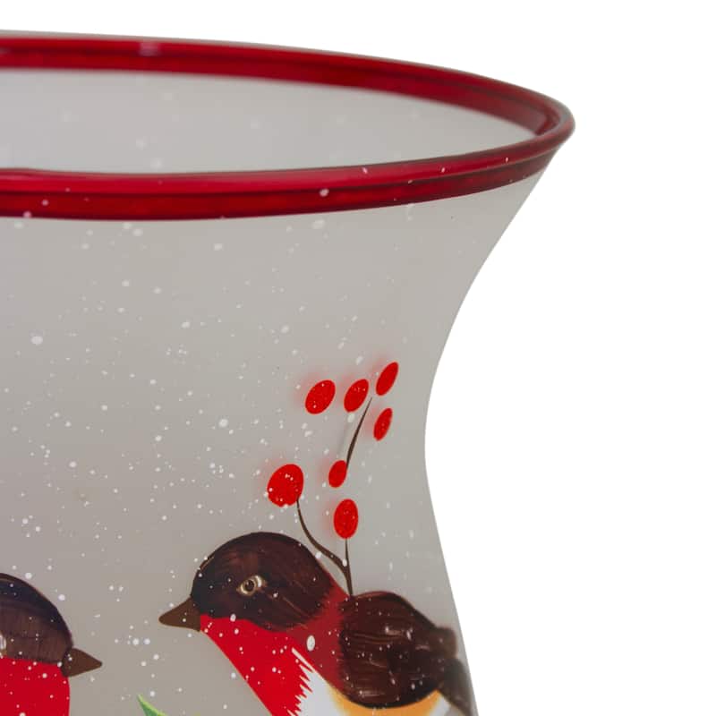 8" Hand Painted Finches and Pine Glass Christmas Candle Holder
