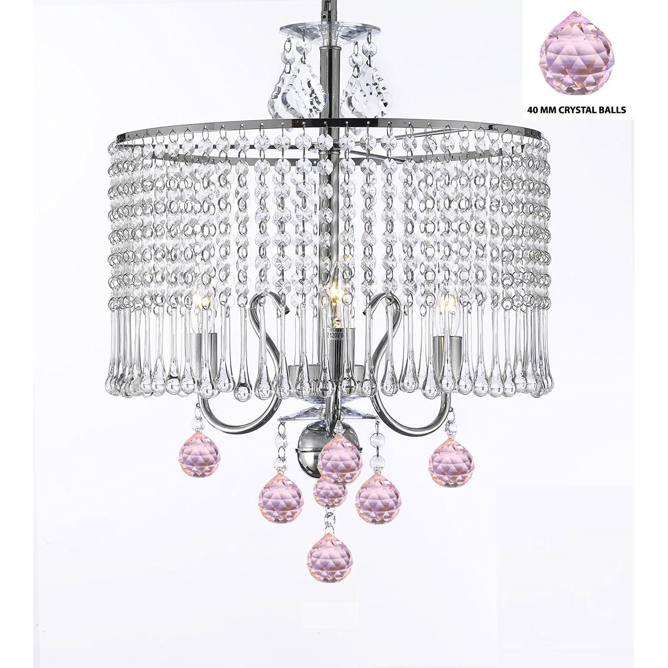 Contemporary 3-Light Swag Plug In Crystal Chandelier With Crystal Shade And Pink Crystal Balls - Chandeliers For Bedrooms by Overstock.com