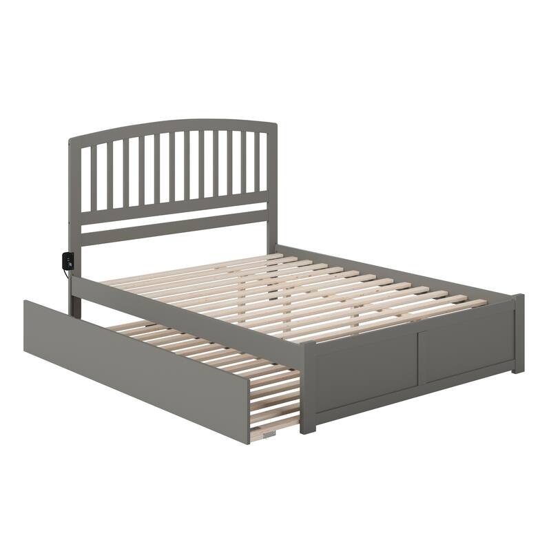 Platform Bed with Footboard & Trundle - Twin XL Grey Wood Slat Design - USB Charging Ports