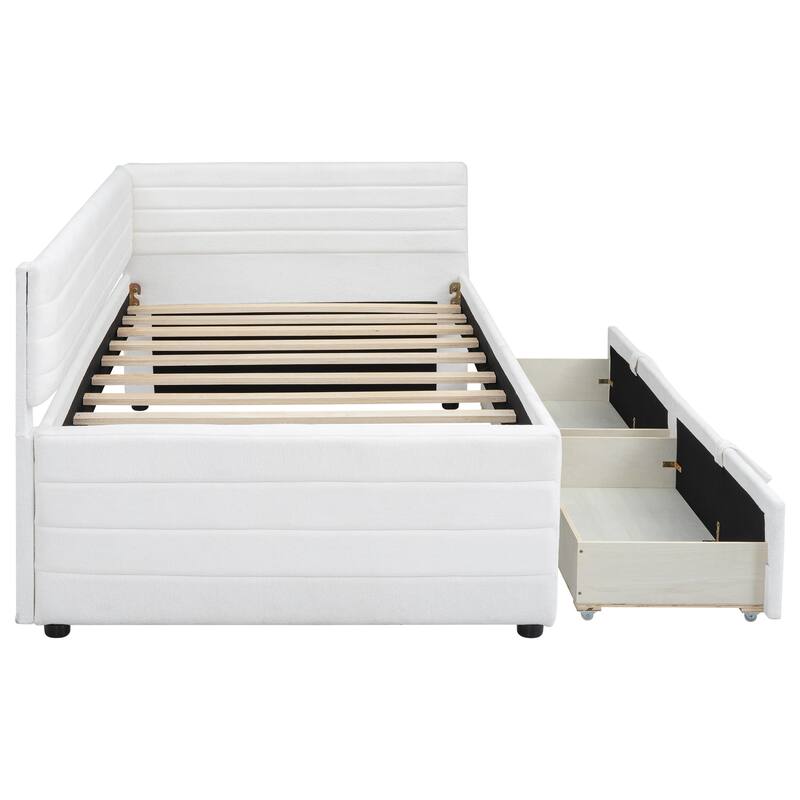 Twin Size Upholstered Daybed with Roll-Out Trundle, Space-Saving Wooden Frame, No Box Spring Needed