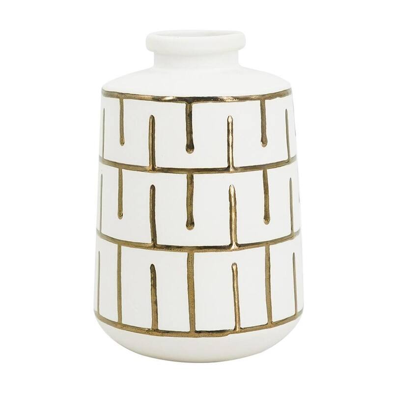 9" Ivory And Gold Geometric Round Ceramic Table Vase - 5.70