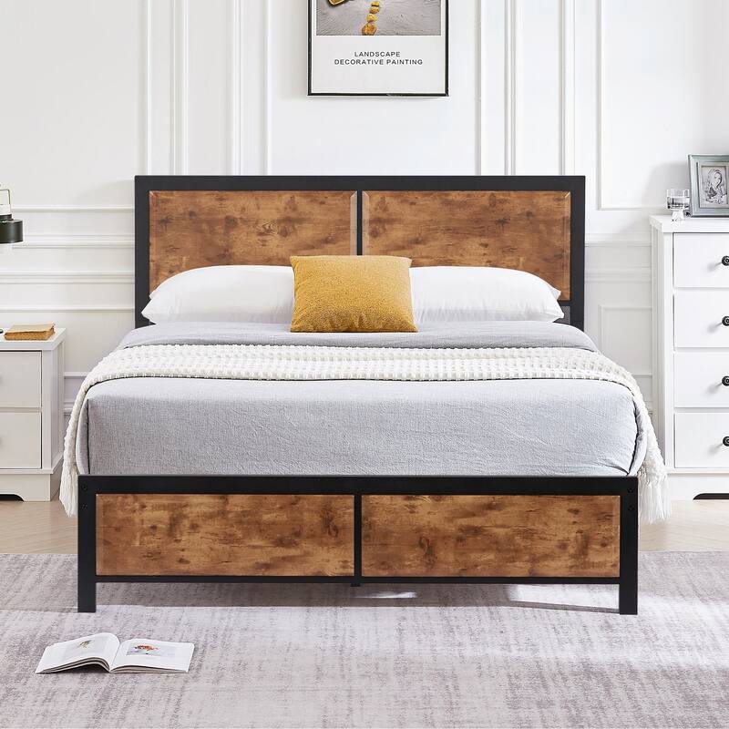 Javlergo Industrial Platform Bed Frame with Wood Headboard and Footboard - Full - Rustic Brown