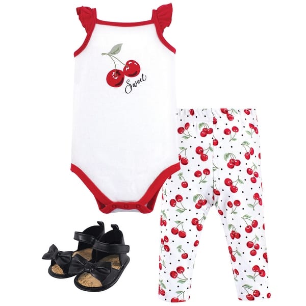 slide 1 of 1, Hudson Baby Infant Girl Cotton Bodysuit, Pant and Shoe 3pc Set, Cherries 0-3 Months - Cherries