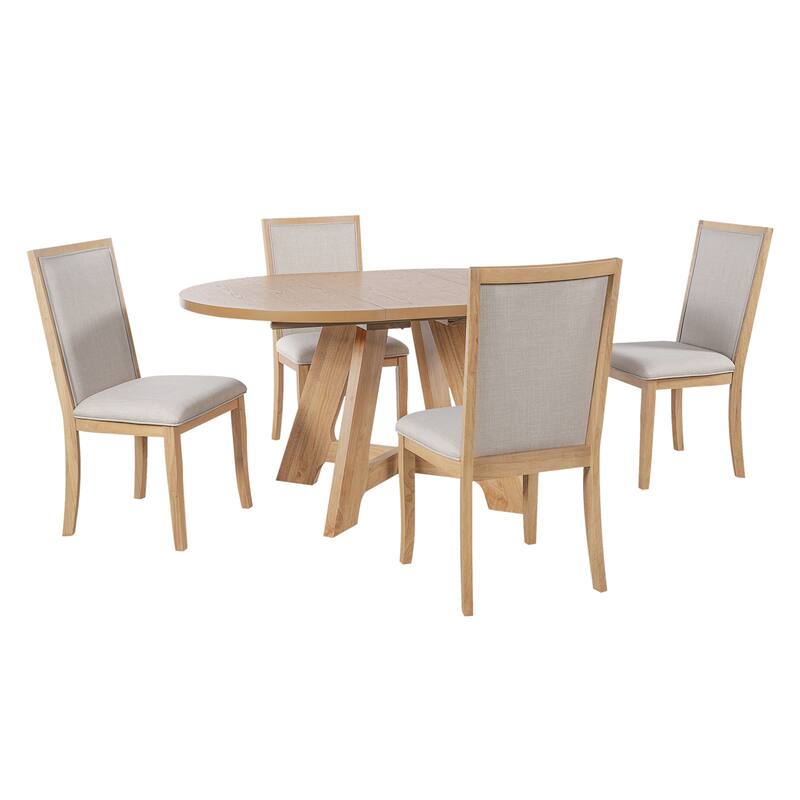 Farmhouse Round Extendable Dining Table Set for 4: 5-Piece Kitchen Table with Removable Leaf & 4 Upholstered Chairs