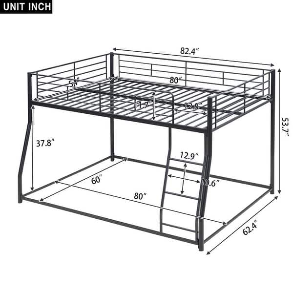 Full XL over Queen Size Metal Floor Bunk Bed with Sloping Stairs