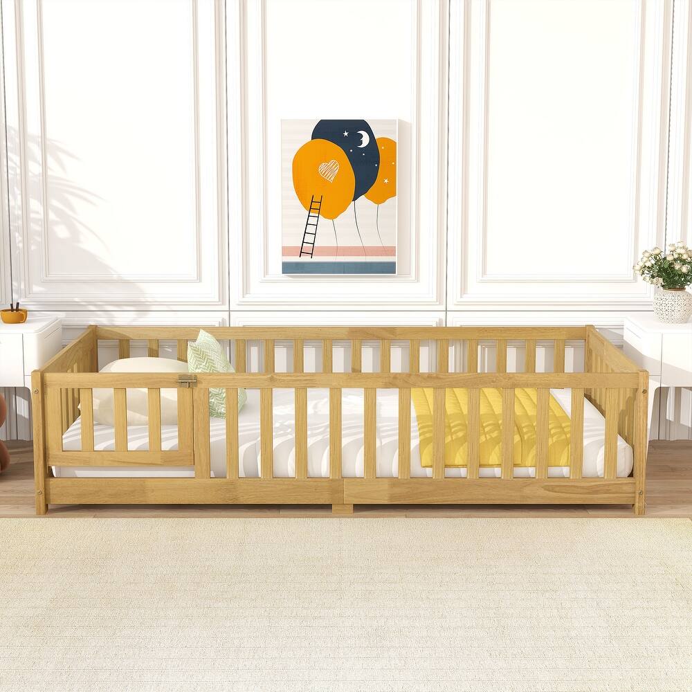 Twin Size Rubber Wood Floor Panel Bed with Safety Fence and Door