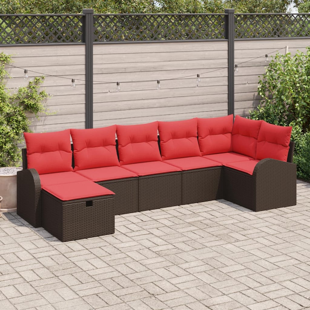 vidaXL 7/8 Garden Sofa Set with Cushions Black/Brown/Grey Poly Rattan - 113.8 x 48.8 x 27.2