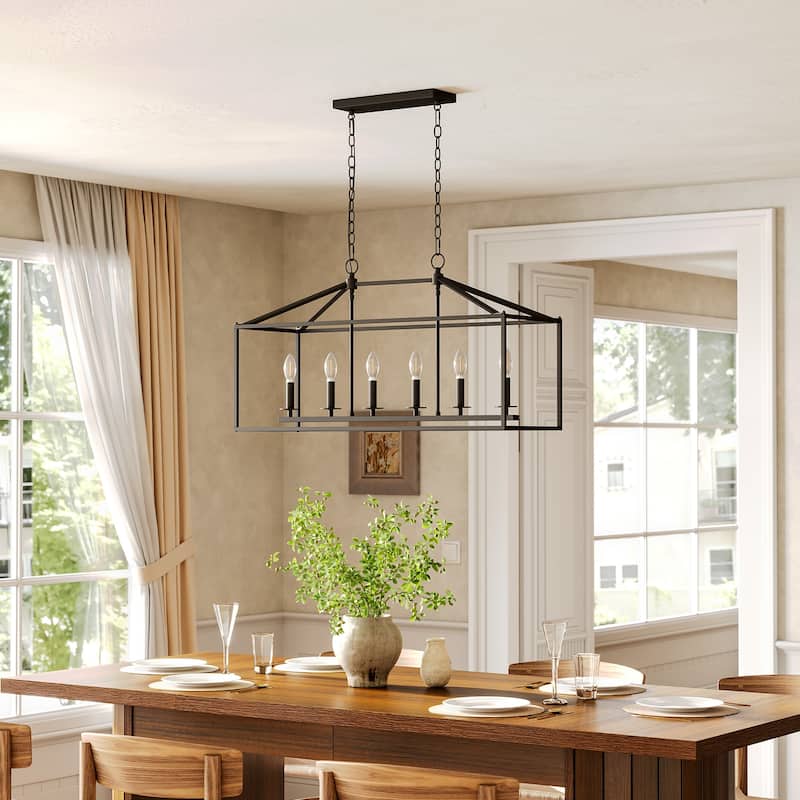 56.7 in. 6-Light Black Linear Chandelier with Caged Metal Shade, No Bulbs Included