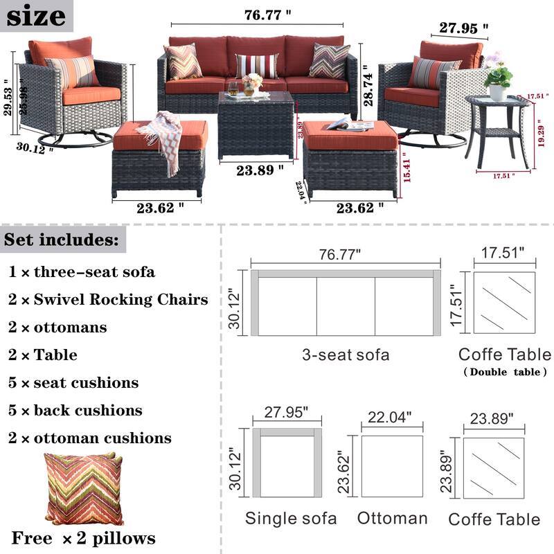 OVIOS 7-piece Patio Furniture Wicker Set with Swivel Rocking Chairs