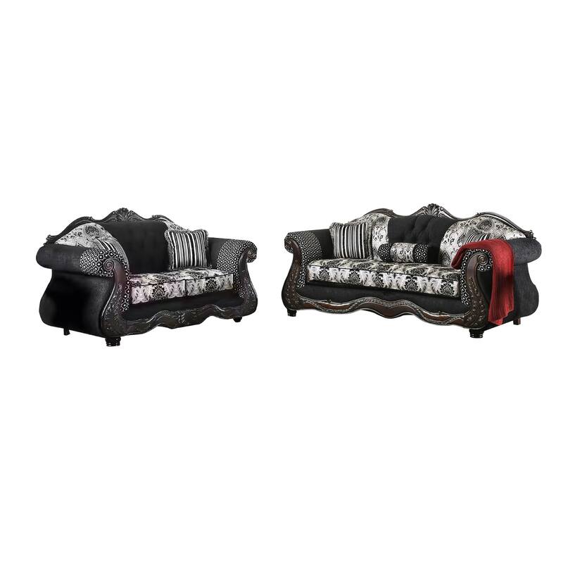 Jinaa 2pc Sofa Loveseat Set, Black Gray Chenille, 5 Accent Pillows