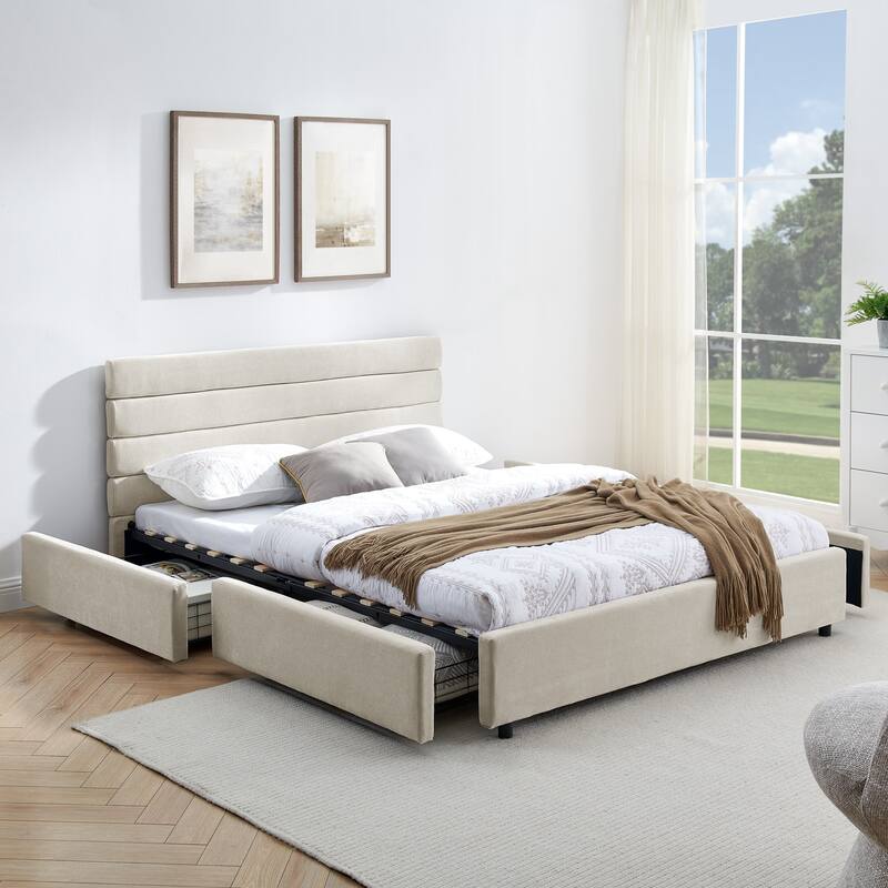Queen Size Upholstered Platform Bed with Soft Headboard, Storage Drawers, Velvet Fabric, Modern Design