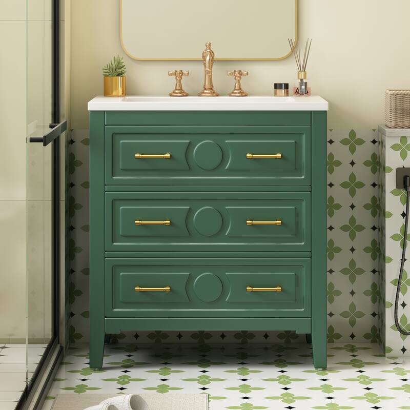 Solid Wood Freestanding Bathroom Vanity with Ceramic Sink Combo - 30'' x 18'' - 30'' x 18'' - Painted - Green