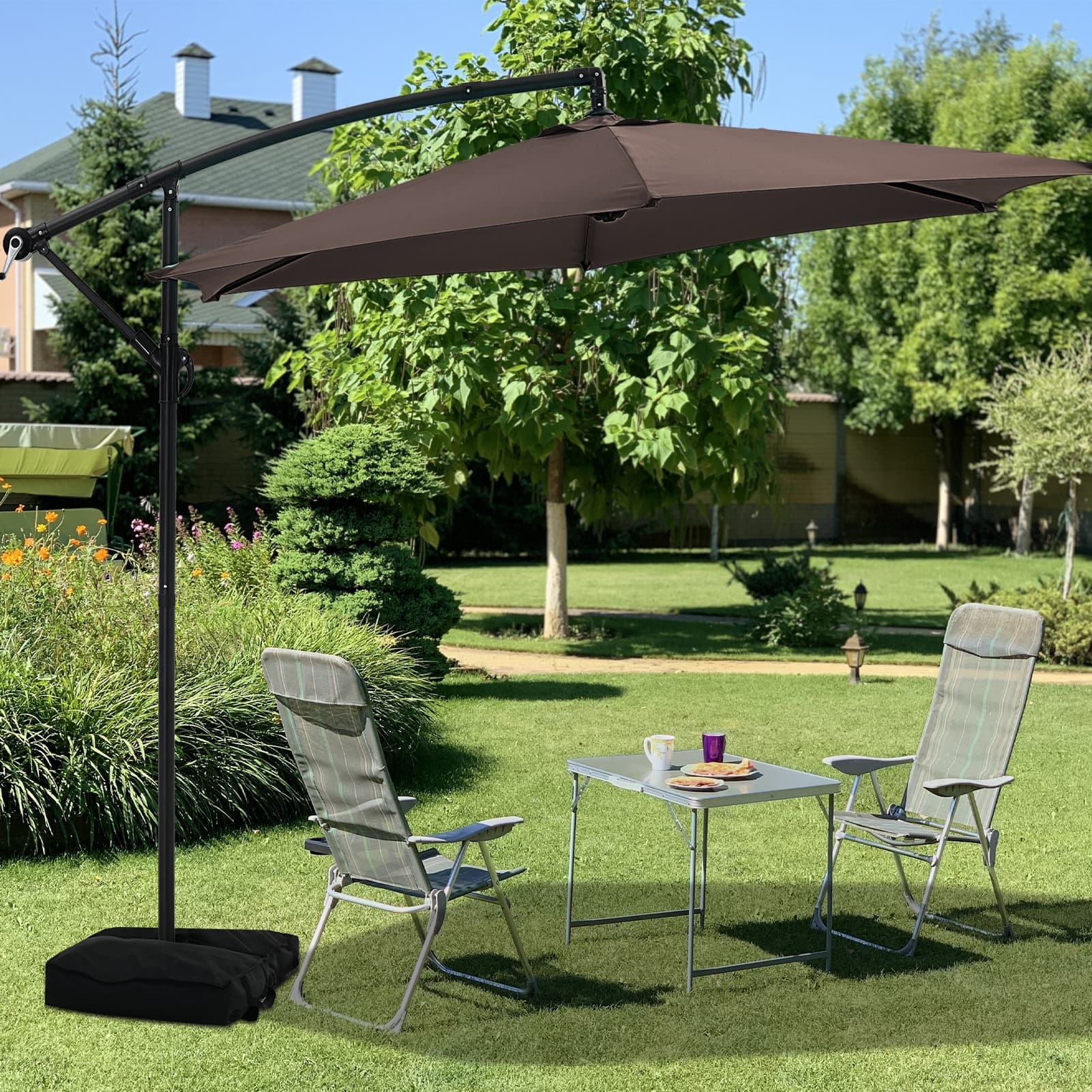 brown patio umbrella base stand included 10 ft 190lbs FRUITEAM 4-Pcs Cantilever Base, Brick Pattern Br  Fruiteam aging Hdpe plastic SunVilla 10 ft. Market Umbrella