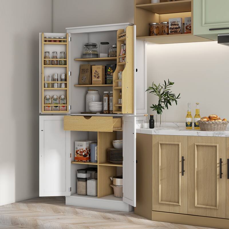 White Kitchen Cabinet with 5-Tier Shelves 8 Spice Racks Adjustable Storage and Metal Drawer - 29.5" L x 15.7" W x 71.7" H