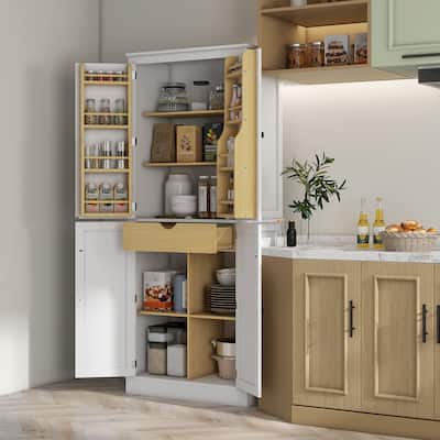 White Kitchen Cabinet with 5-Tier Shelves 8 Spice Racks Adjustable Storage and Metal Drawer - 29.5" L x 15.7" W x 71.7" H