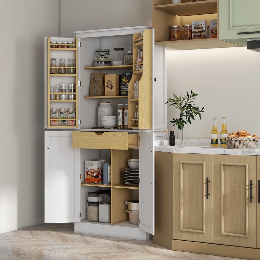White Kitchen Cabinet with 5-Tier Shelves 8 Spice Racks Adjustable Storage and Metal Drawer - 29.5" L x 15.7" W x 71.7" H