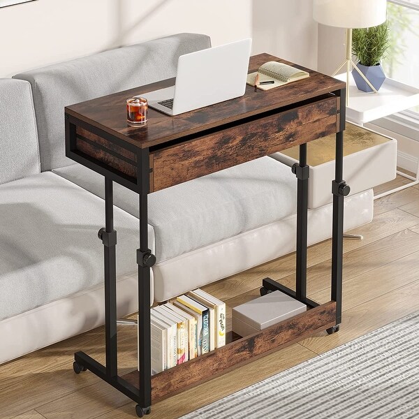 Adjustable Side Table Portable Desk with Drawers and Wheels for