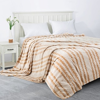Light Brown Stripe Back Printing Shaved Flannel Plush Blanket 80 in. x 90 in.(2 Pack Set of 2)
