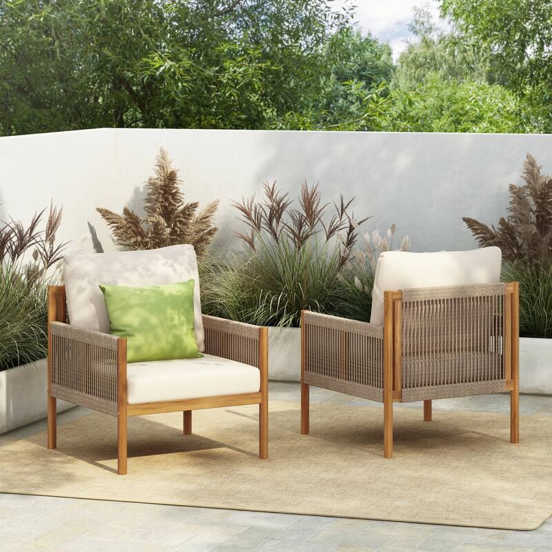 Outdoor Woven Lounge Chair with Solid Wood Frame and Comfortable Polyester Cushions - Teak-Set of 2