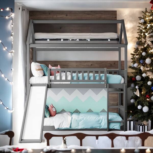 slide 2 of 12, Stylish Twin Over Twin Bunk Bed with Built-in Slide, House Bed with Slide, Maximized Space Saving, Grey Grey
