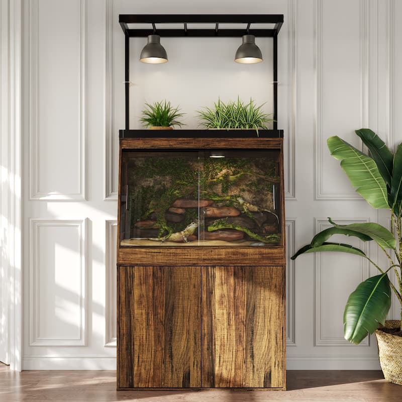 Multi-Functional Reptile Terrarium Cabinet with Sliding Glass Doors, Plant Shelf & Storage Base Vivarium Stand with Lighting Bar