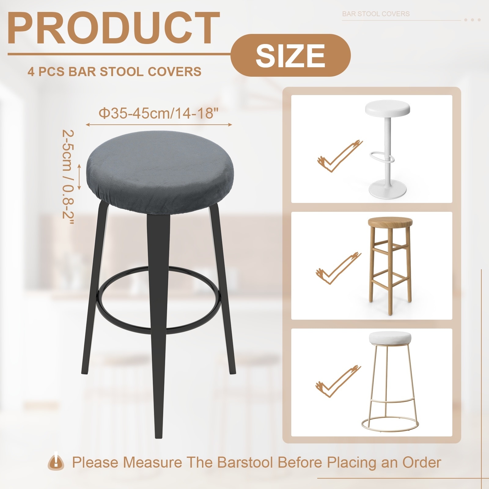 Velvet Bar Stool Covers, Round Bar Stool Cover with Elastic Band Stretch Chair Cover Washable Slipcovers for Round Stool Chair