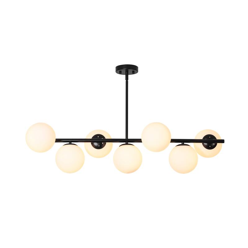 7-Light Mid-Century Modern Gold/Black Sputnik Metal Island Lights with Opal Glass Globe Shades for Kitchen, Dining Room