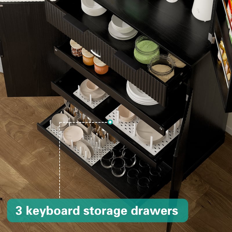 Kitchen Pantry Cabinet, Fluted Kitchen Cupboard with 3 Keyboard Drawers, Tall Storage Cabinet with Adjustable Shelves