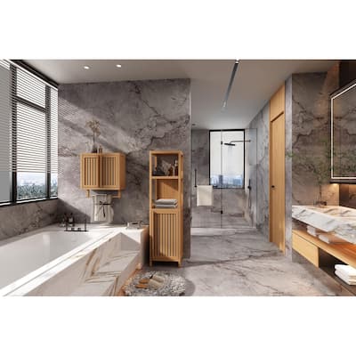 Bathroom Multifunctional Bamboo Storage Cabinet with 2 Open Shelves