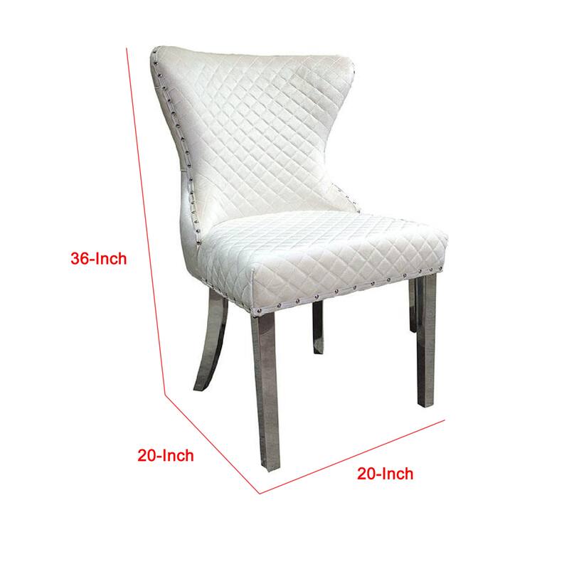 Anova Side Dining Chair Set of 2, Rivet Trim, Silver Stainless Steel, White Fabric