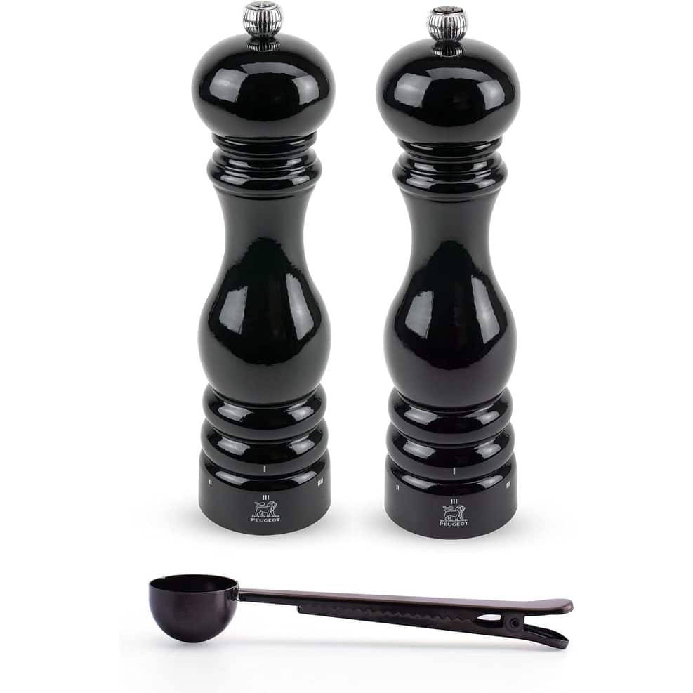 Peugeot Paris u'Select Salt & Pepper mill, Gift Set, Black Lacquer - With Stainless Steel Spice Scoop/Bag Clip (8 3/4 Inch)