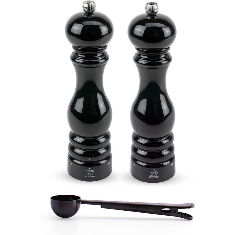 Peugeot Paris u'Select Salt & Pepper mill, Gift Set, Black Lacquer - With Stainless Steel Spice Scoop/Bag Clip (8 3/4 Inch) - Black - 3 Piece