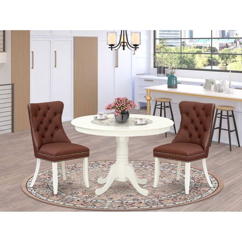3-Piece Linen White Finish Solid Wood Top-Round Upholstered Dining Room Set-Seats 4